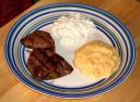 Steak, mashed potatoes, cottage cheese